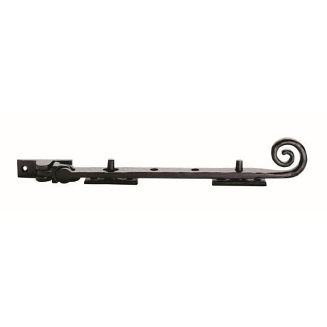 This is an image of a Ludlow - Curly Tail Casement Stay 254mm - Black Antique that is availble to order from T.H Wiggans Architectural Ironmongery in Kendal in Kendal.