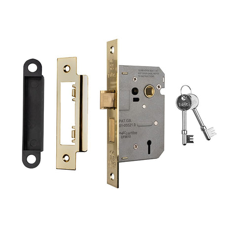 This is an image of a Eurospec - Contract 3 Lever Sashlock 64mm - Electro Brassed that is availble to order from T.H Wiggans Architectural Ironmongery in Kendal.