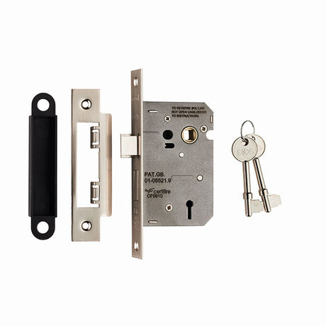 This is an image of a Eurospec - Contract 3 Lever Sashlock 64mm - Satin Nickel that is availble to order from T.H Wiggans Architectural Ironmongery in Kendal.