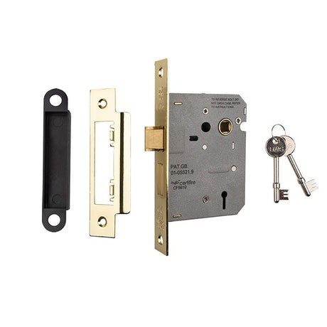 This is an image of a Eurospec - Contract 3 Lever Sashlock 76mm - Electro Brassed that is availble to order from T.H Wiggans Architectural Ironmongery in Kendal.