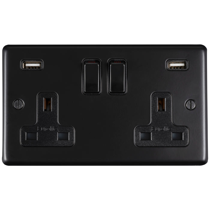 This is an image showing Eurolite Stainless steel 2 Gang Usb Socket - Matt Black (With Black Trim) mb2usbb available to order from T.H. Wiggans Ironmongery in Kendal, quick delivery and discounted prices.