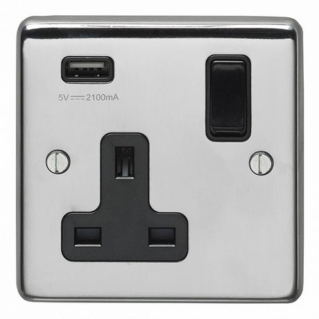 This is an image showing Eurolite Stainless Steel 1 Gang USB Socket - Polished Stainless Steel (With Black Trim) pss1usbb available to order from T.H. Wiggans Ironmongery in Kendal, quick delivery and discounted prices.