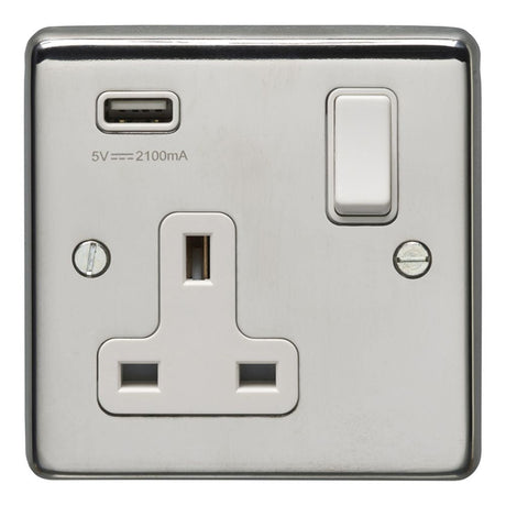 This is an image showing Eurolite Stainless Steel 1 Gang USB Socket - Polished Stainless Steel (With White Trim) pss1usbw available to order from T.H. Wiggans Ironmongery in Kendal, quick delivery and discounted prices.