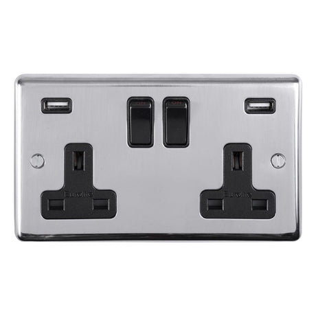 This is an image showing Eurolite Stainless Steel 2 Gang USB Socket - Polished Stainless Steel (With Black Trim) pss2usbb available to order from T.H. Wiggans Ironmongery in Kendal, quick delivery and discounted prices.