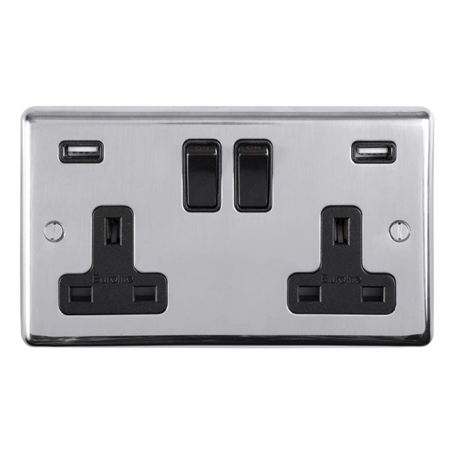This is an image showing Eurolite Stainless Steel 2 Gang USB Socket - Polished Stainless Steel (With Black Trim) pss2usbb available to order from T.H. Wiggans Ironmongery in Kendal, quick delivery and discounted prices.