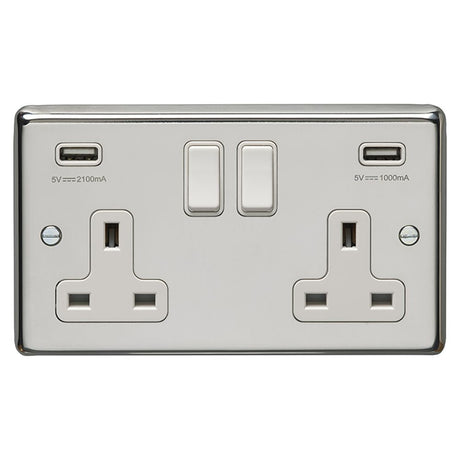 This is an image showing Eurolite Stainless Steel 2 Gang USB Socket - Polished Stainless Steel (With White Trim) pss2usbw available to order from T.H. Wiggans Ironmongery in Kendal, quick delivery and discounted prices.