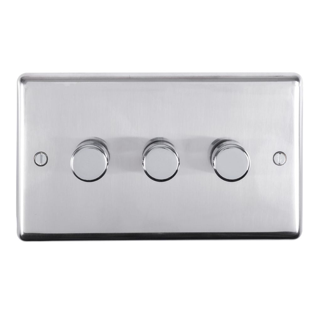 This is an image showing Eurolite Stainless Steel 3 Gang Dimmer - Polished Stainless Steel pss3d400 available to order from T.H. Wiggans Ironmongery in Kendal, quick delivery and discounted prices.