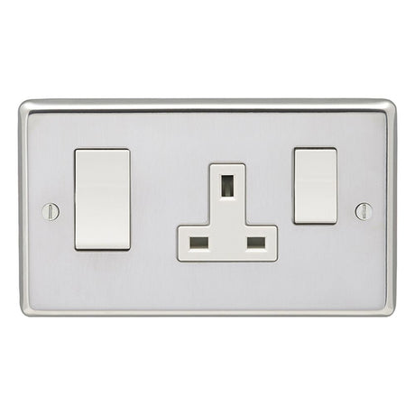 This is an image showing Eurolite Stainless Steel 45Amp Switch with a socket - Polished Stainless Steel (With White Trim) pss45aswasw available to order from T.H. Wiggans Ironmongery in Kendal, quick delivery and discounted prices.