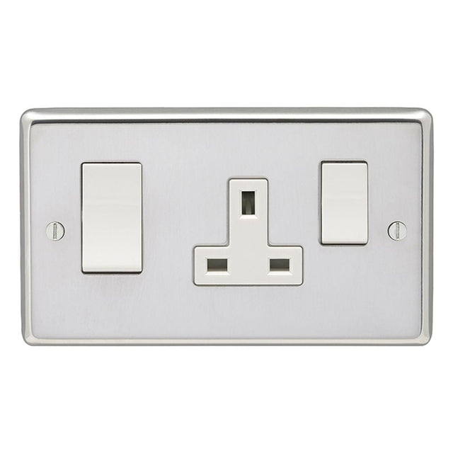 This is an image showing Eurolite Stainless Steel 45Amp Switch with a socket - Polished Stainless Steel (With White Trim) pss45aswasw available to order from T.H. Wiggans Ironmongery in Kendal, quick delivery and discounted prices.