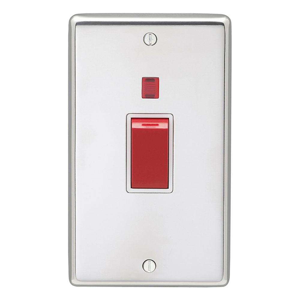 This is an image showing Eurolite Stainless Steel 45Amp Switch with Neon Indicator - Polished Stainless Steel (With White Trim) pss45aswnw available to order from T.H. Wiggans Ironmongery in Kendal, quick delivery and discounted prices.