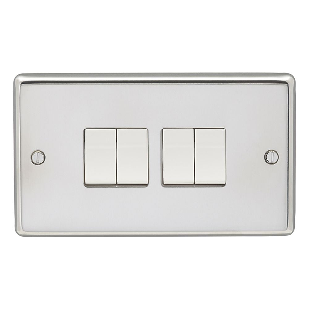 This is an image showing Eurolite Stainless Steel 4 Gang Switch - Polished Stainless Steel (With White Trim) pss4sww available to order from T.H. Wiggans Ironmongery in Kendal, quick delivery and discounted prices.
