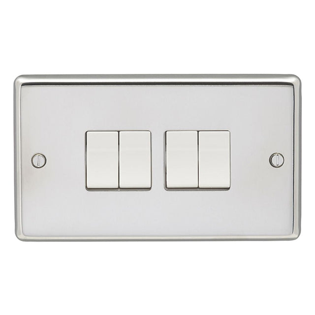 This is an image showing Eurolite Stainless Steel 4 Gang Switch - Polished Stainless Steel (With White Trim) pss4sww available to order from T.H. Wiggans Ironmongery in Kendal, quick delivery and discounted prices.