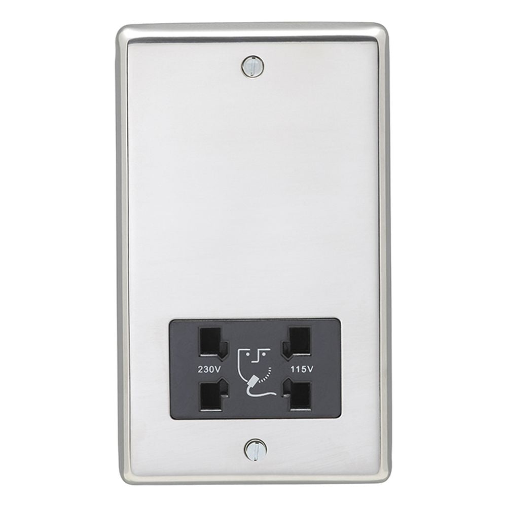 This is an image showing Eurolite Stainless Steel Shaver Socket - Polished Stainless Steel (With Black Trim) pssshsb available to order from T.H. Wiggans Ironmongery in Kendal, quick delivery and discounted prices.