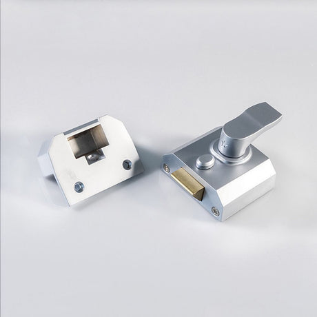 This is an image of a Eurospec - Deadlocking Rim Cylinder Nightlatch 40mm - Satin Chrome that is availble to order from T.H Wiggans Architectural Ironmongery in Kendal.