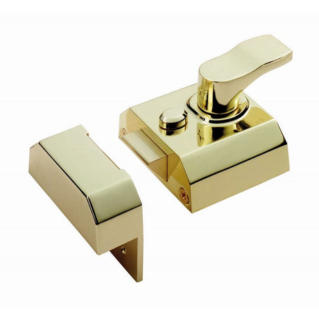 This is an image of a Eurospec - Deadlocking Rim Cylinder Nightlatch 40mm - Electro Brassed that is availble to order from T.H Wiggans Architectural Ironmongery in Kendal.
