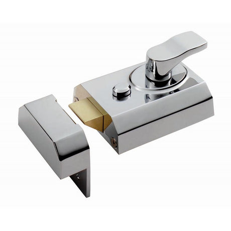 This is an image of a Eurospec - Deadlocking Rim Cylinder Nightlatch 60mm - Polished Chrome that is availble to order from T.H Wiggans Architectural Ironmongery in Kendal.