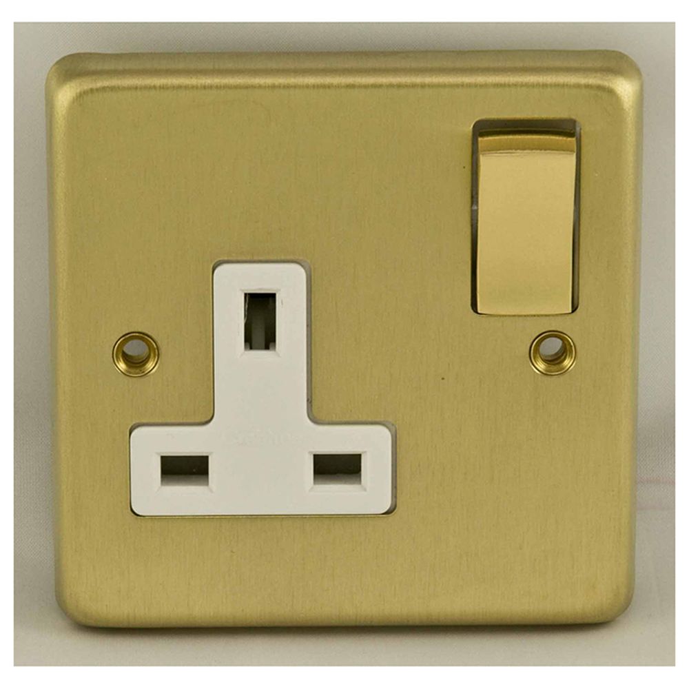 This is an image showing Eurolite Stainless Steel 1 Gang Socket - Satin Brass (With White Trim) sb1sopbw available to order from T.H. Wiggans Ironmongery in Kendal, quick delivery and discounted prices.