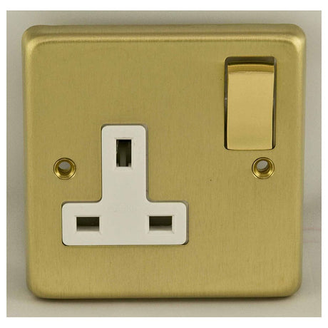 This is an image showing Eurolite Stainless Steel 1 Gang Socket - Satin Brass (With White Trim) sb1sopbw available to order from T.H. Wiggans Ironmongery in Kendal, quick delivery and discounted prices.