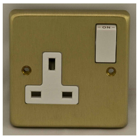 This is an image showing Eurolite Stainless Steel 1 Gang Socket - Satin Brass (With White Trim) sb1sow available to order from T.H. Wiggans Ironmongery in Kendal, quick delivery and discounted prices.
