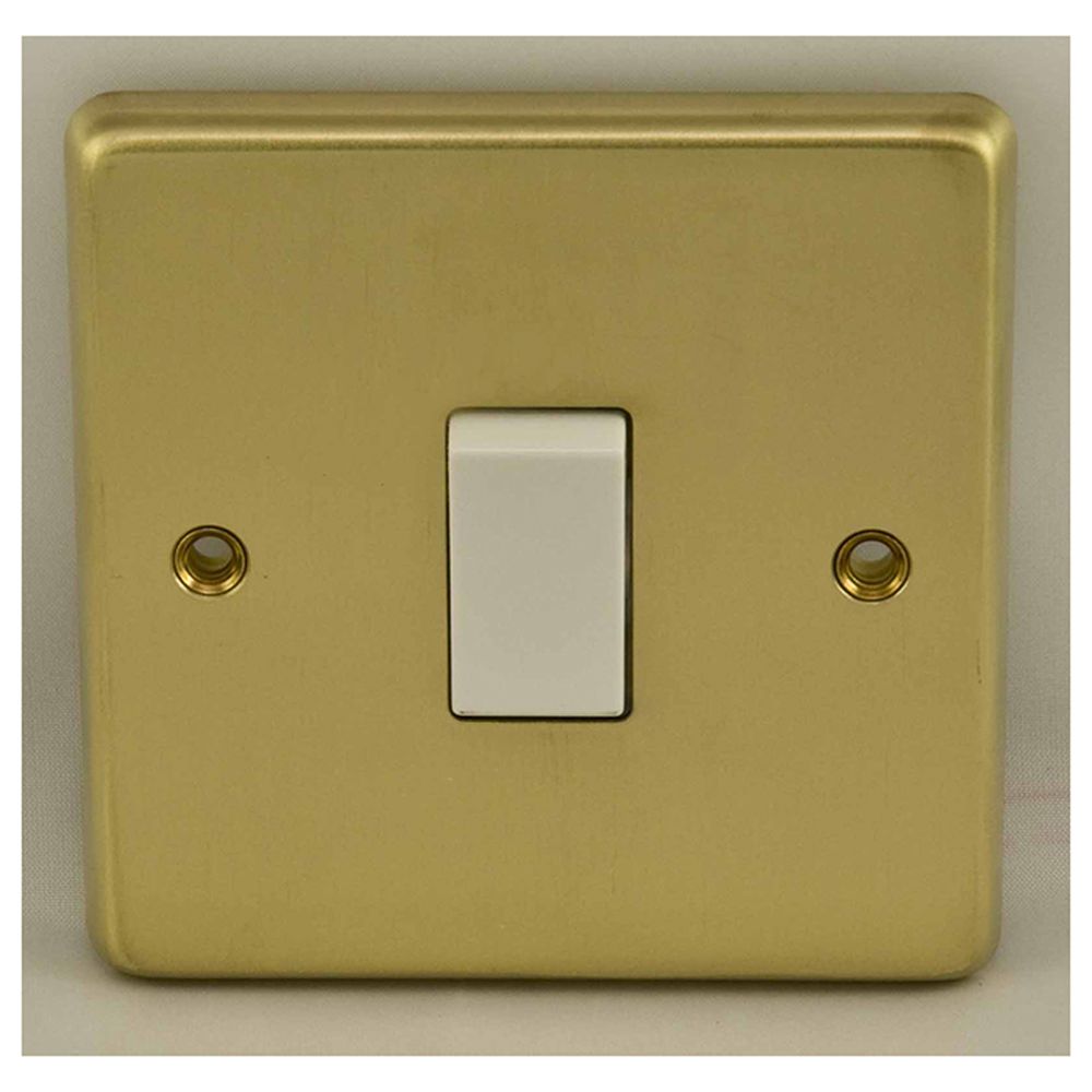 This is an image showing Eurolite Stainless Steel 1 Gang Switch - Satin Brass (With White Trim) sb1sww available to order from T.H. Wiggans Ironmongery in Kendal, quick delivery and discounted prices.