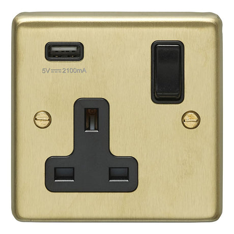 This is an image showing Eurolite Stainless Steel 1 Gang USB Socket - Satin Brass (With Black Trim) sb1usbb available to order from T.H. Wiggans Ironmongery in Kendal, quick delivery and discounted prices.