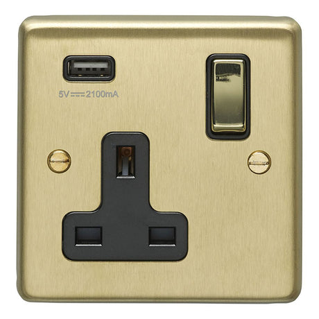 This is an image showing Eurolite Stainless Steel 1 Gang USB Socket - Satin Brass (With Black Trim) sb1usbpbb available to order from T.H. Wiggans Ironmongery in Kendal, quick delivery and discounted prices.