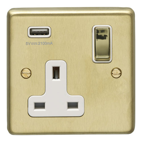 This is an image showing Eurolite Stainless Steel 1 Gang USB Socket - Satin Brass (With White Trim) sb1usbpbw available to order from T.H. Wiggans Ironmongery in Kendal, quick delivery and discounted prices.