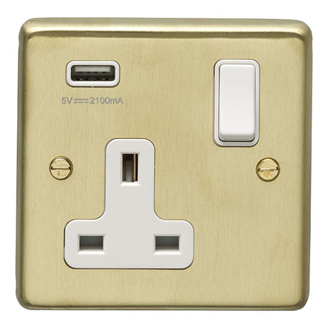 This is an image showing Eurolite Stainless Steel 1 Gang USB Socket - Satin Brass (With White Trim) sb1usbw available to order from T.H. Wiggans Ironmongery in Kendal, quick delivery and discounted prices.