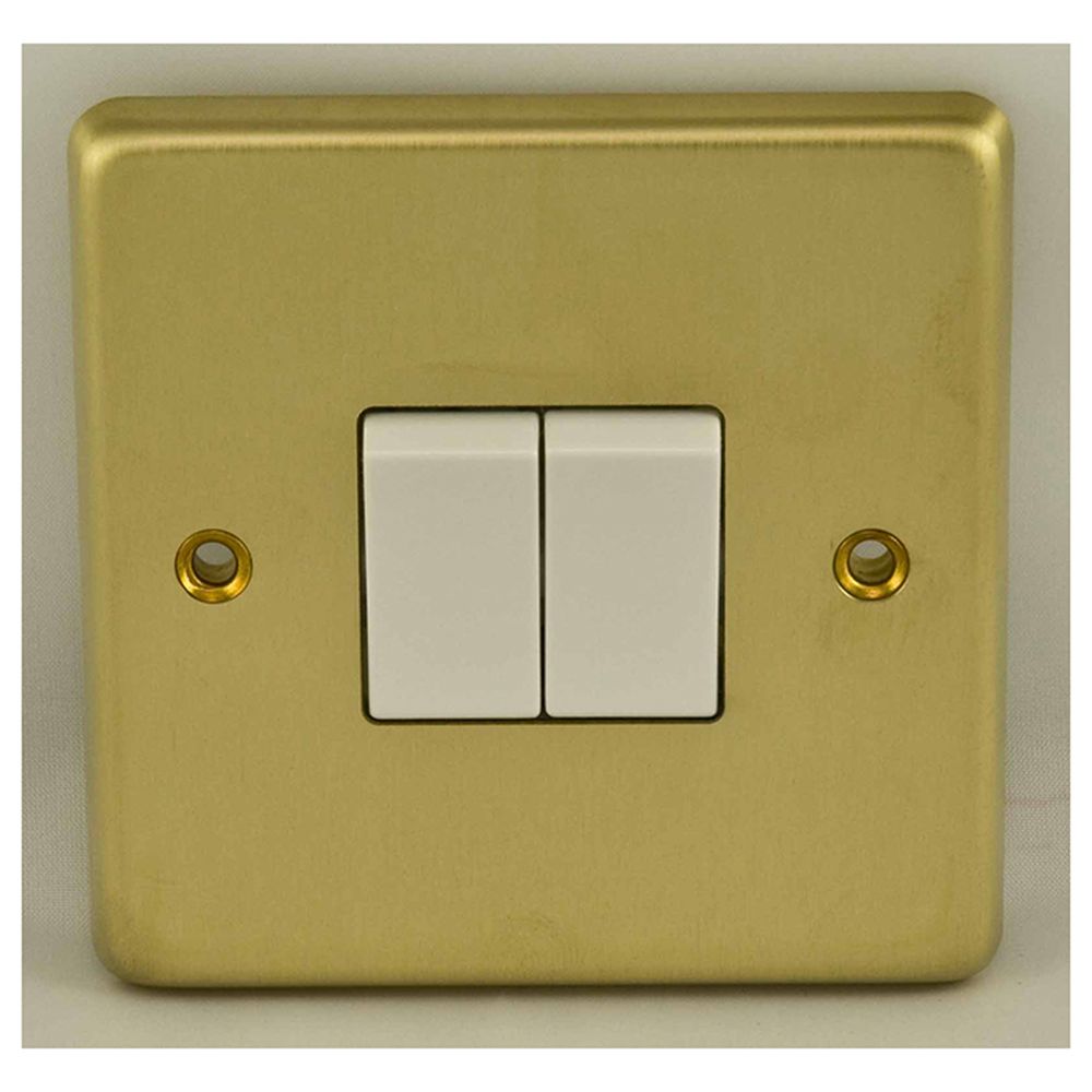 This is an image showing Eurolite Stainless Steel 2 Gang Switch - Satin Brass (With White Trim) sb2sww available to order from T.H. Wiggans Ironmongery in Kendal, quick delivery and discounted prices.