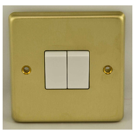 This is an image showing Eurolite Stainless Steel 2 Gang Switch - Satin Brass (With White Trim) sb2sww available to order from T.H. Wiggans Ironmongery in Kendal, quick delivery and discounted prices.