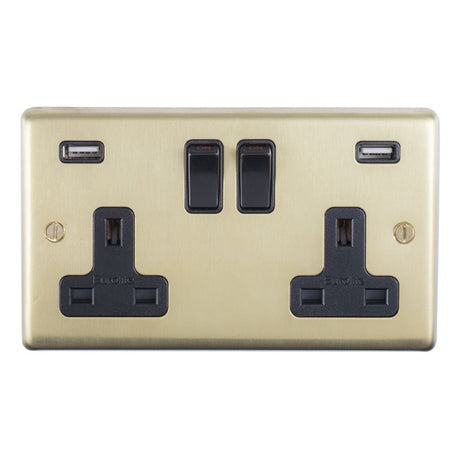 This is an image showing Eurolite Stainless Steel 2 Gang USB Socket - Satin Brass (With Black Trim) sb2usbb available to order from T.H. Wiggans Ironmongery in Kendal, quick delivery and discounted prices.