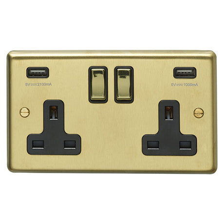 This is an image showing Eurolite Stainless Steel 2 Gang USB Socket - Satin Brass (With Black Trim) sb2usbpbb available to order from T.H. Wiggans Ironmongery in Kendal, quick delivery and discounted prices.