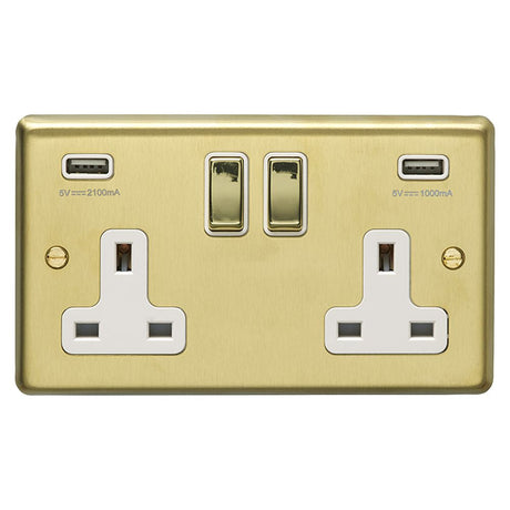 This is an image showing Eurolite Stainless Steel 2 Gang USB Socket - Satin Brass (With White Trim) sb2usbpbw available to order from T.H. Wiggans Ironmongery in Kendal, quick delivery and discounted prices.