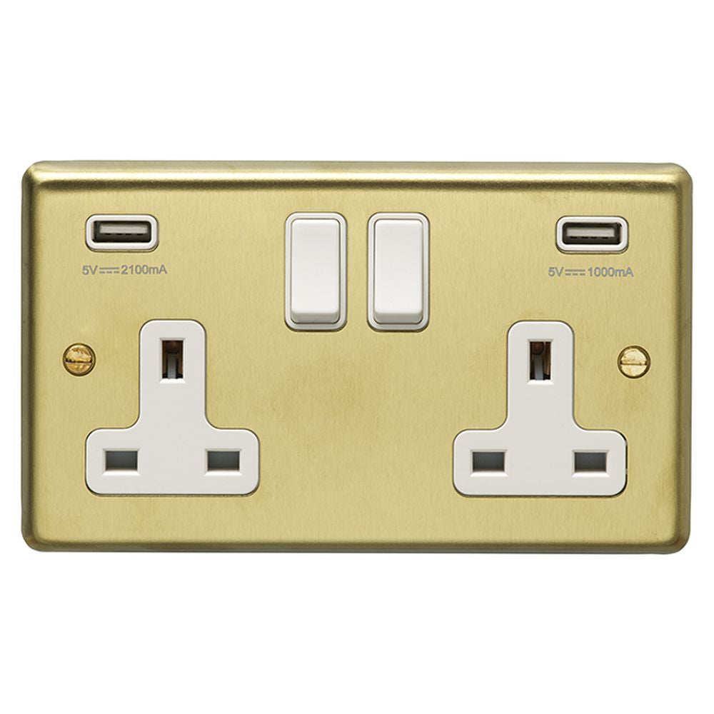 This is an image showing Eurolite Stainless Steel 2 Gang USB Socket - Satin Brass (With White Trim) sb2usbw available to order from T.H. Wiggans Ironmongery in Kendal, quick delivery and discounted prices.