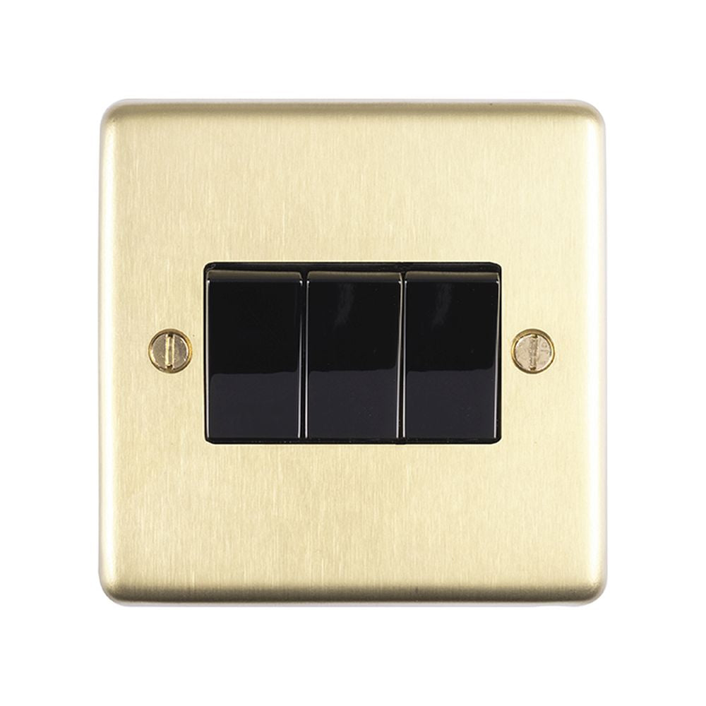 This is an image showing Eurolite Stainless Steel 3 Gang Switch - Satin Brass (With Black Trim) sb3swb available to order from T.H. Wiggans Ironmongery in Kendal, quick delivery and discounted prices.
