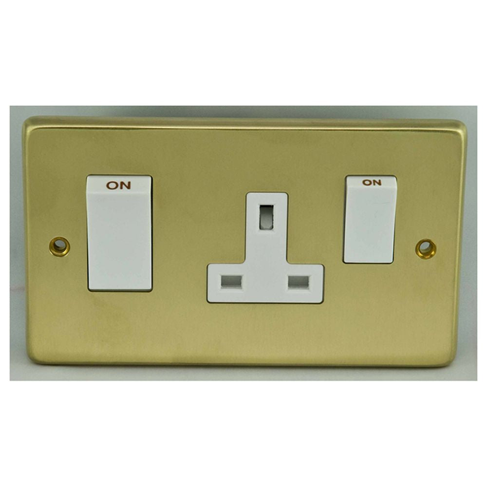 This is an image showing Eurolite Stainless Steel 45Amp Switch with a socket - Satin Brass (With White Trim) sb45aswasw available to order from T.H. Wiggans Ironmongery in Kendal, quick delivery and discounted prices.
