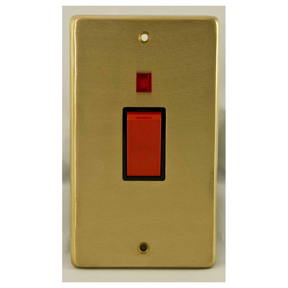 This is an image showing Eurolite Stainless Steel 45Amp Switch with Neon Indicator - Satin Brass (With Black Trim) sb45aswnb available to order from T.H. Wiggans Ironmongery in Kendal, quick delivery and discounted prices.