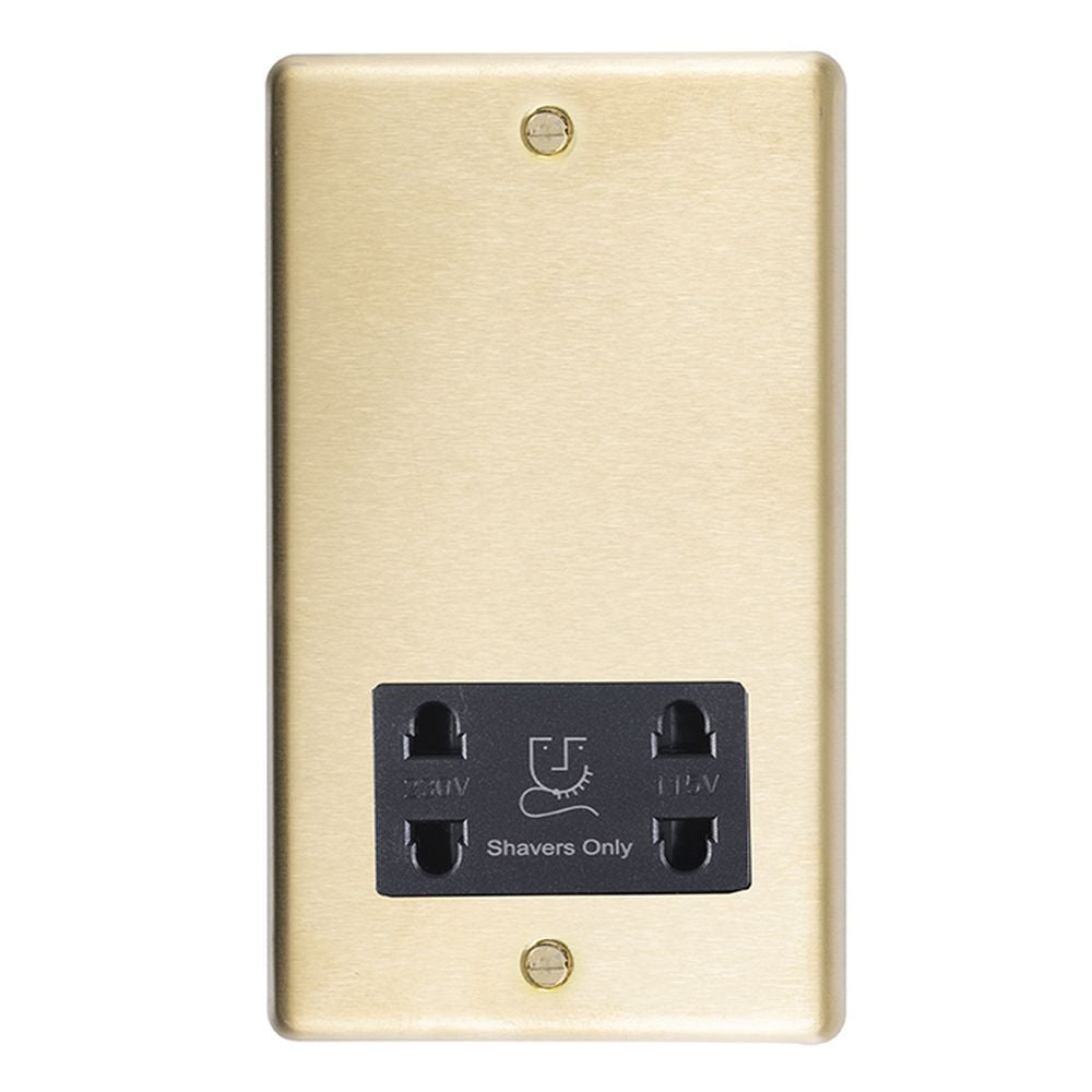 This is an image showing Eurolite Stainless Steel Shaver Socket - Satin Brass (With Black Trim) sbshsb available to order from T.H. Wiggans Ironmongery in Kendal, quick delivery and discounted prices.