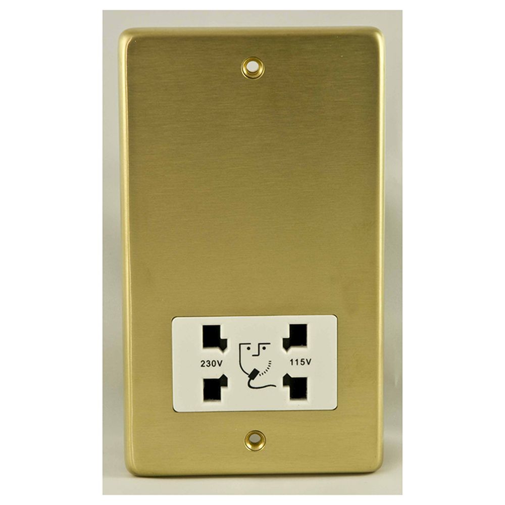 This is an image showing Eurolite Stainless Steel Shaver Socket - Satin Brass (With White Trim) sbshsw available to order from T.H. Wiggans Ironmongery in Kendal, quick delivery and discounted prices.