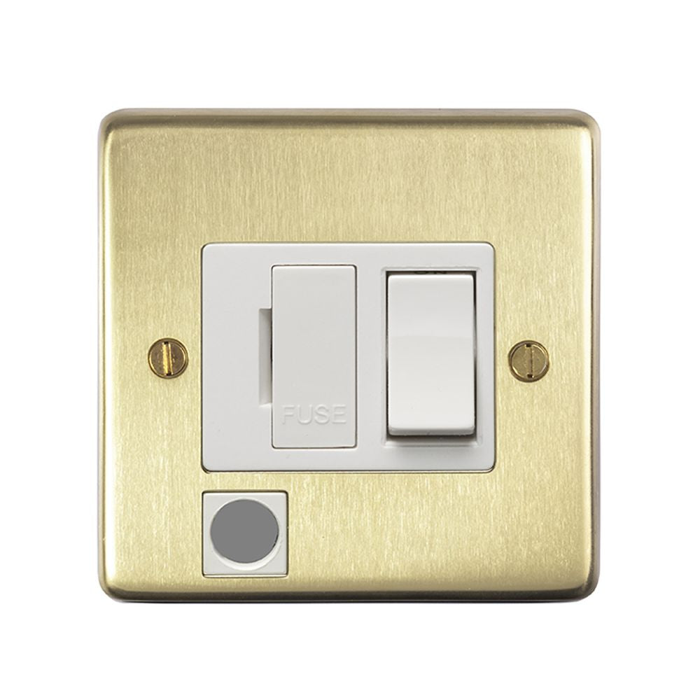 This is an image showing Eurolite Stainless Steel Switched Fuse Spur - Satin Brass (With White Trim) sbswffow available to order from T.H. Wiggans Ironmongery in Kendal, quick delivery and discounted prices.