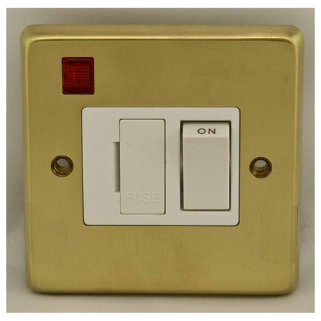 This is an image showing Eurolite Stainless Steel Switched Fuse Spur - Satin Brass (With White Trim) sbswfnw available to order from T.H. Wiggans Ironmongery in Kendal, quick delivery and discounted prices.
