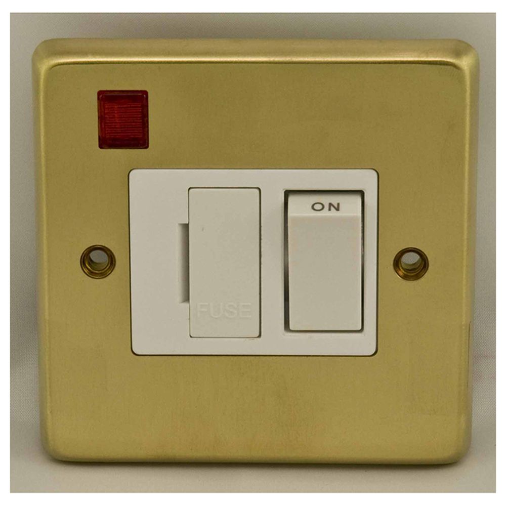 This is an image showing Eurolite Stainless Steel Switched Fuse Spur - Satin Brass (With White Trim) sbswfnw available to order from T.H. Wiggans Ironmongery in Kendal, quick delivery and discounted prices.