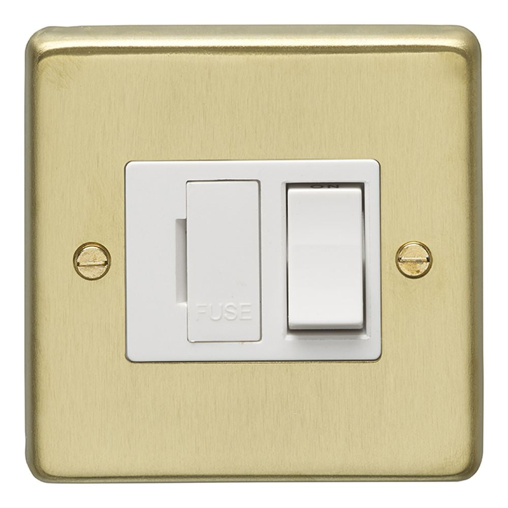 This is an image showing Eurolite Stainless Steel Switched Fuse Spur - Satin Brass (With White Trim) sbswfw available to order from T.H. Wiggans Ironmongery in Kendal, quick delivery and discounted prices.
