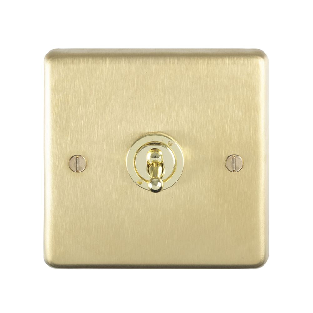 This is an image showing Eurolite Stainless Steel 1 Gang Toggle Switch - Satin Brass (With White Trim) sbt1sw available to order from T.H. Wiggans Ironmongery in Kendal, quick delivery and discounted prices.