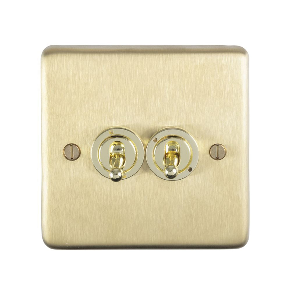 This is an image showing Eurolite Stainless Steel 2 Gang Toggle Switch - Satin Brass (With White Trim) sbt2sw available to order from T.H. Wiggans Ironmongery in Kendal, quick delivery and discounted prices.