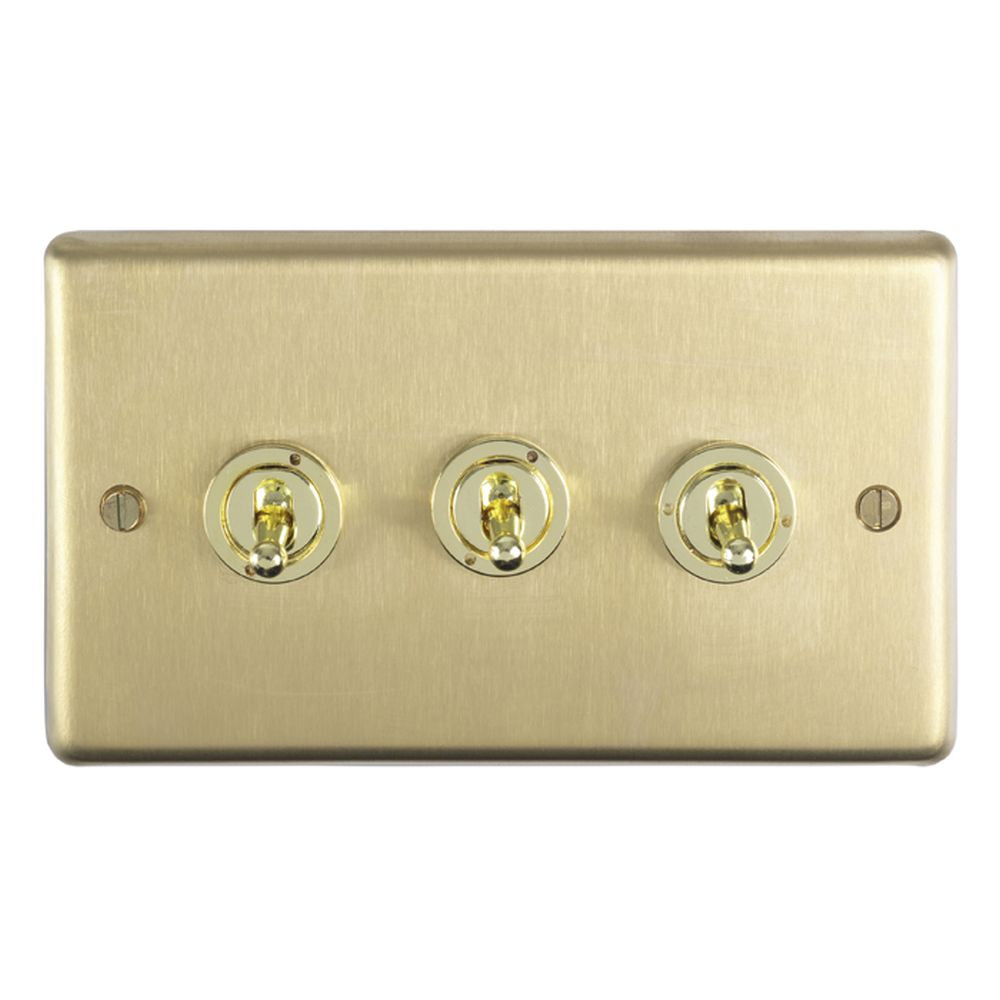 This is an image showing Eurolite Stainless Steel 3 Gang Toggle Switch - Satin Brass (With White Trim) sbt3sw available to order from T.H. Wiggans Ironmongery in Kendal, quick delivery and discounted prices.