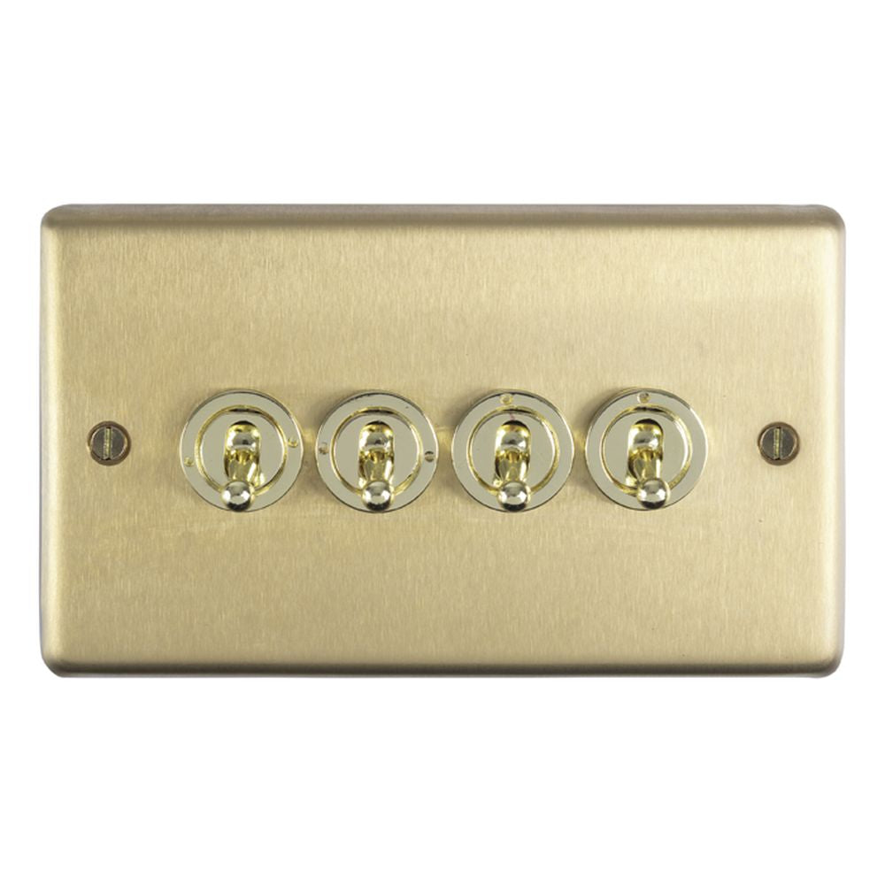 This is an image showing Eurolite Stainless Steel 4 Gang Toggle Switch - Satin Brass (With White Trim) sbt4sw available to order from T.H. Wiggans Ironmongery in Kendal, quick delivery and discounted prices.