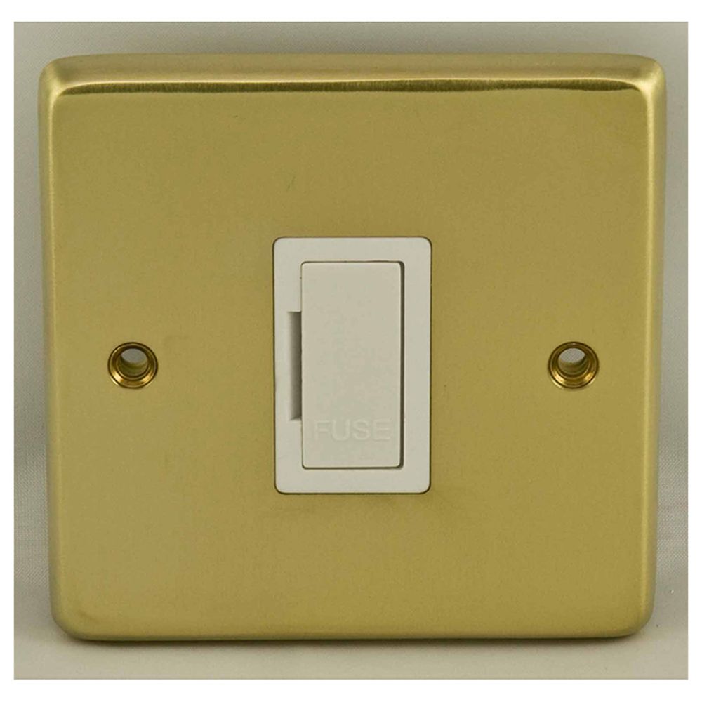 This is an image showing Eurolite Stainless Steel Unswitched Fuse Spur - Satin Brass (With White Trim) sbuswfw available to order from T.H. Wiggans Ironmongery in Kendal, quick delivery and discounted prices.