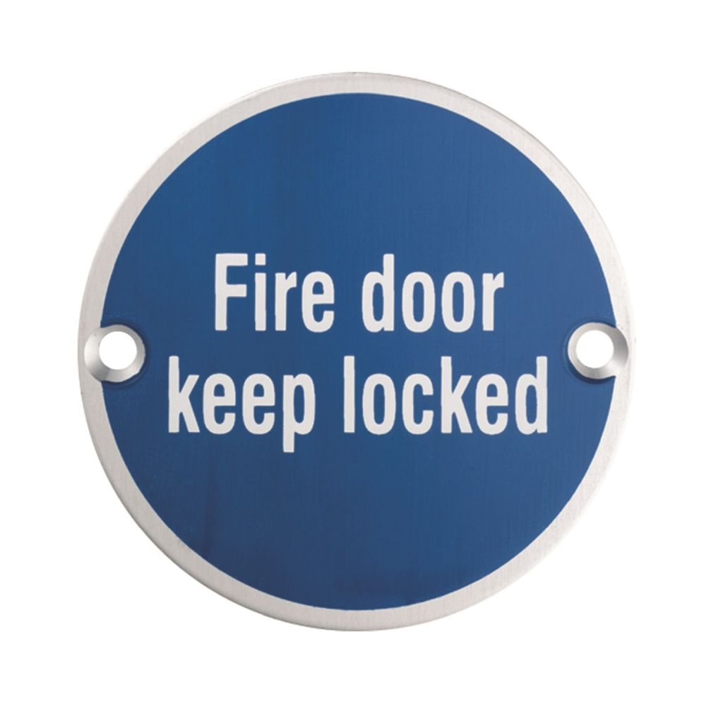 This is an image of Eurospec - Signage Fire Door - Keep Locked - Satin Stainless Steel available to order from T.H Wiggans Architectural Ironmongery in Kendal, quick delivery and discounted prices.