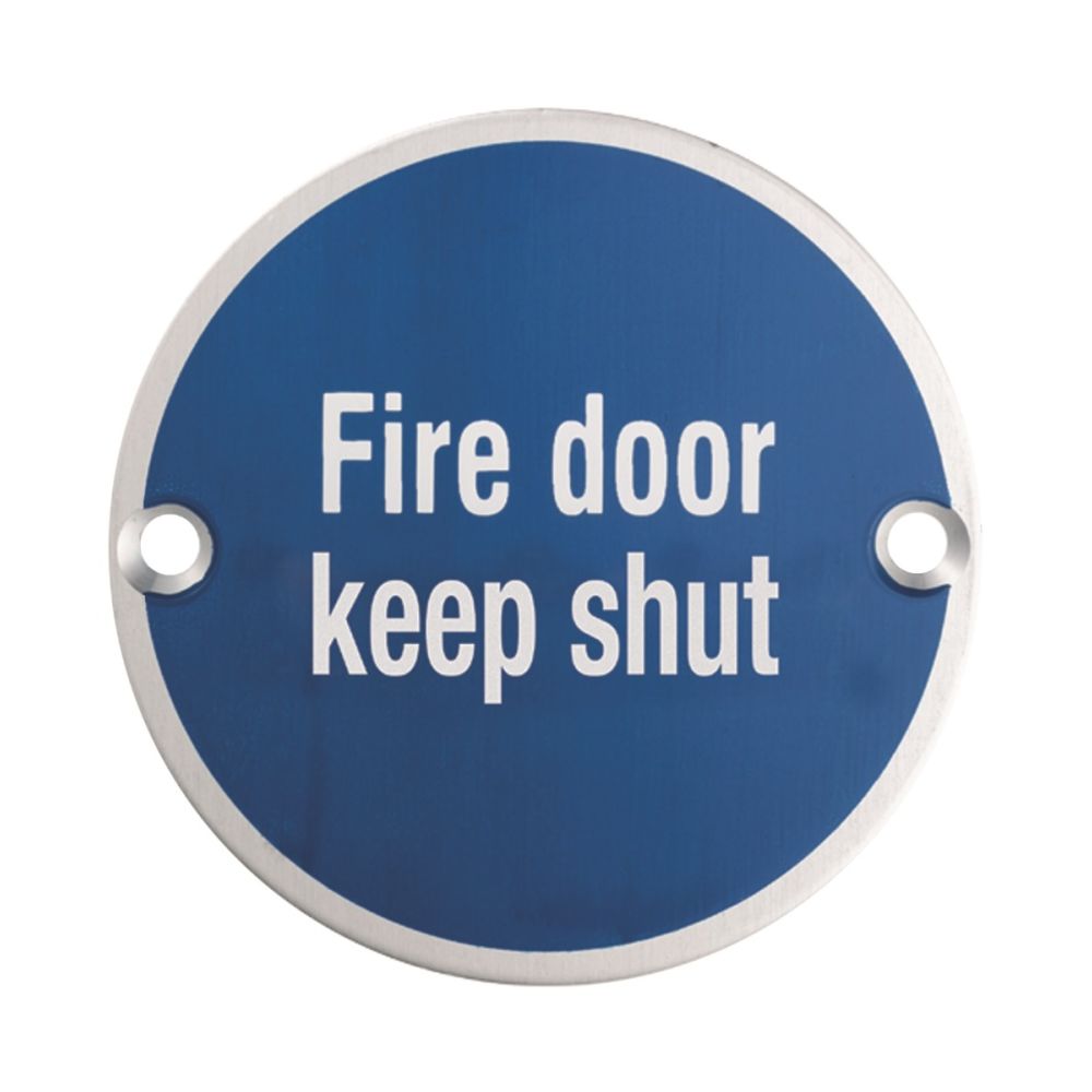 This is an image of Eurospec - Signage Fire Door - Keep Shut - Satin Stainless Steel available to order from T.H Wiggans Architectural Ironmongery in Kendal, quick delivery and discounted prices.
